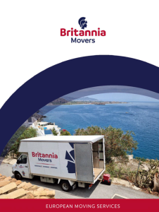 Front cover of the Britannia Movers European Removals brochure shows a Britannia-branded moving van on a steep coastal road with a mediterranean view in the background