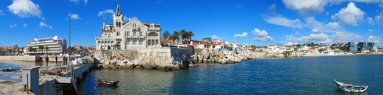 View of modern and historic buildings along Cascais seafront  in Portugal 